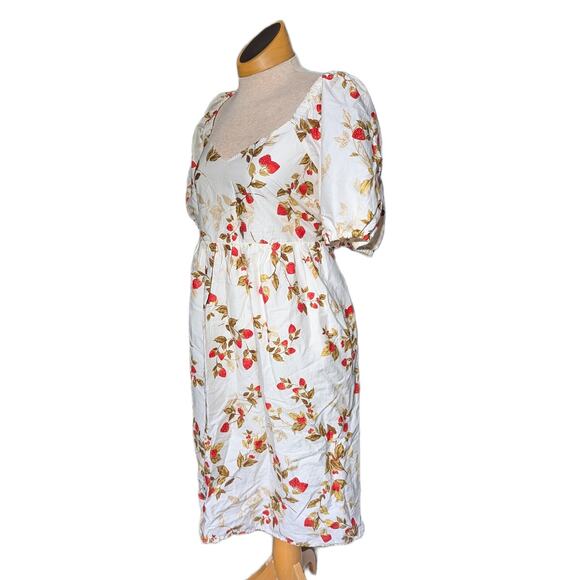 Old Navy Ivory Puff Sleeve Strawberry Print Sweetheart Neck Mini Dress Sz L Tall - Picture 1 of 7
